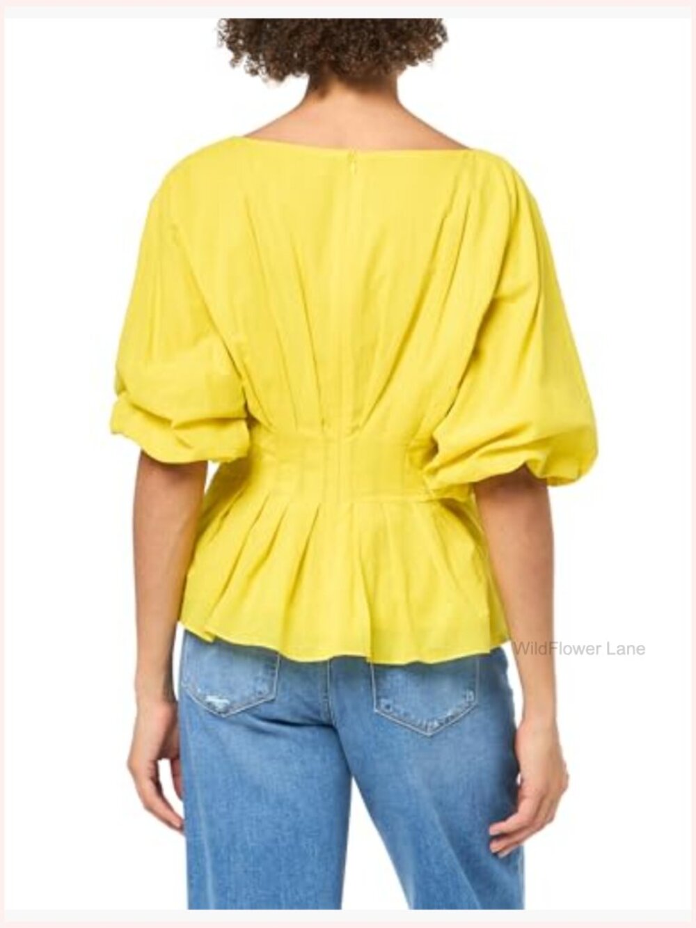 Crew Neck Blouse with Puff Sleeves and Pleated Bodice - Picture 3 of 3